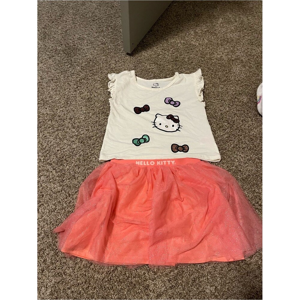 Hello Kitty Cream Top with Coral Pink Glitter Tulle Skirt